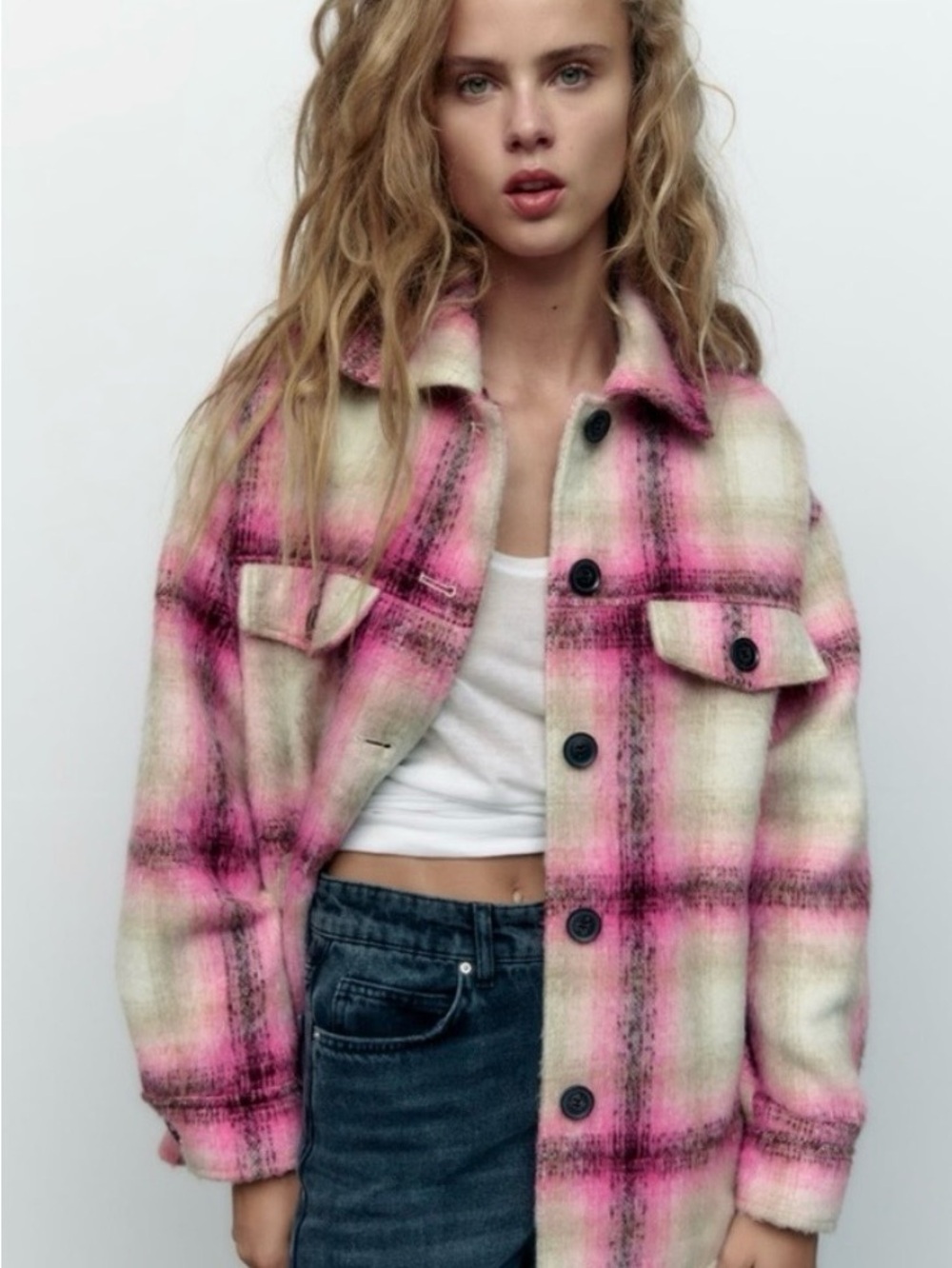 Zara Pink & Cream Plaid Teddy Jacket